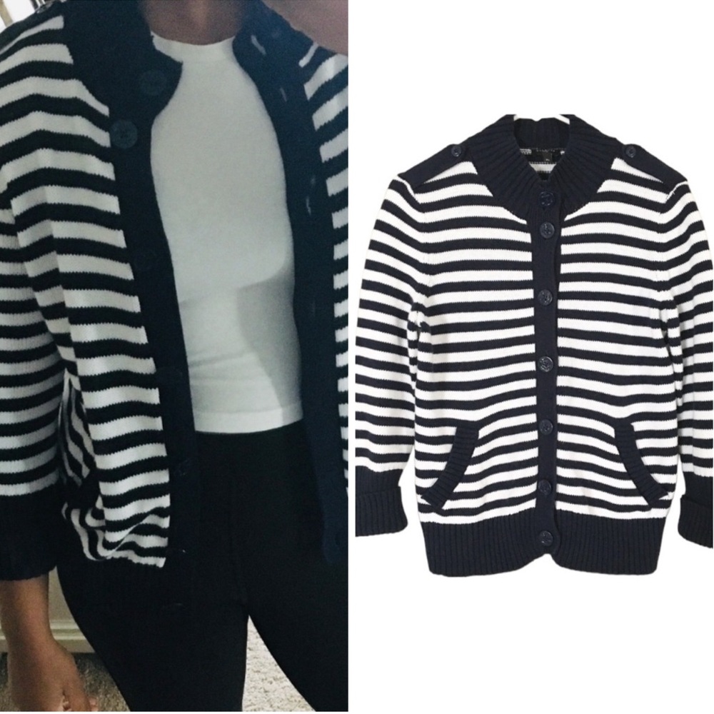 Talbots Women's Mock Neck Nautical Striped Button Up Sweater